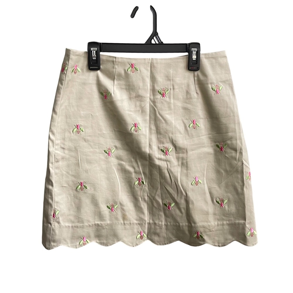 Lilly Pulitzer Bee Skirt Womens 2 Tan Preppy Scalloped Hem Embroidered Mini